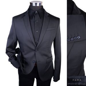 Zara Blazer Mens Sz 36 Solid Black 2-Button Sport Coat Jacket Blazer Poly Blend
